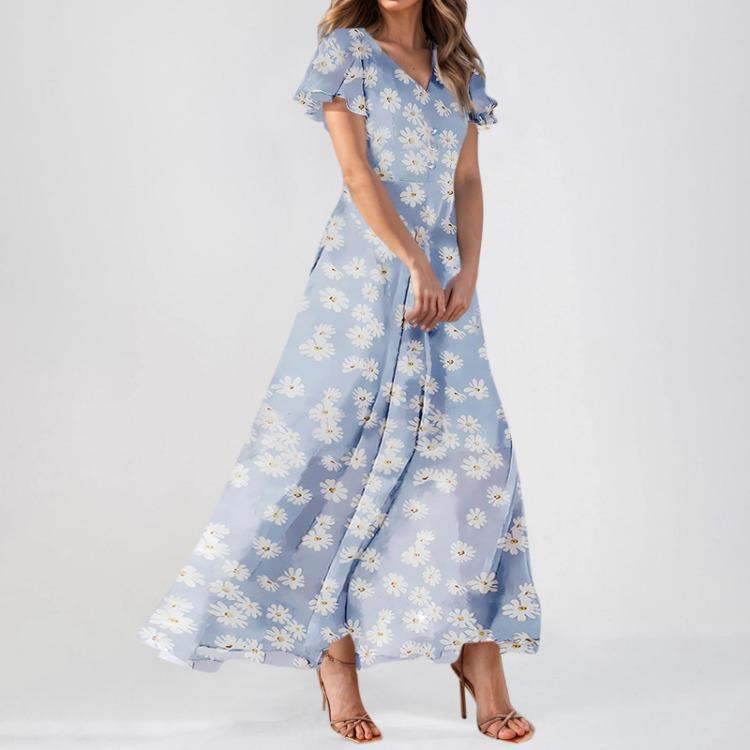 Maxikleider Lässig für Damen Sommer Elegant Süß Fließend Hochzeitsgast Kurzarm Chiffon Geblümte Kleider
