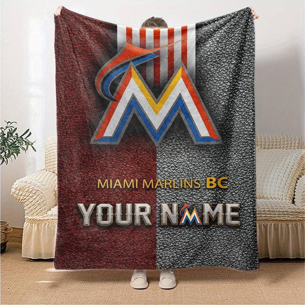 Name Custom Miami Marlins Print Flannel Blanket High Quality Warm Comfortable Cover for All Seasons Perfect for Gifts Home Decor
