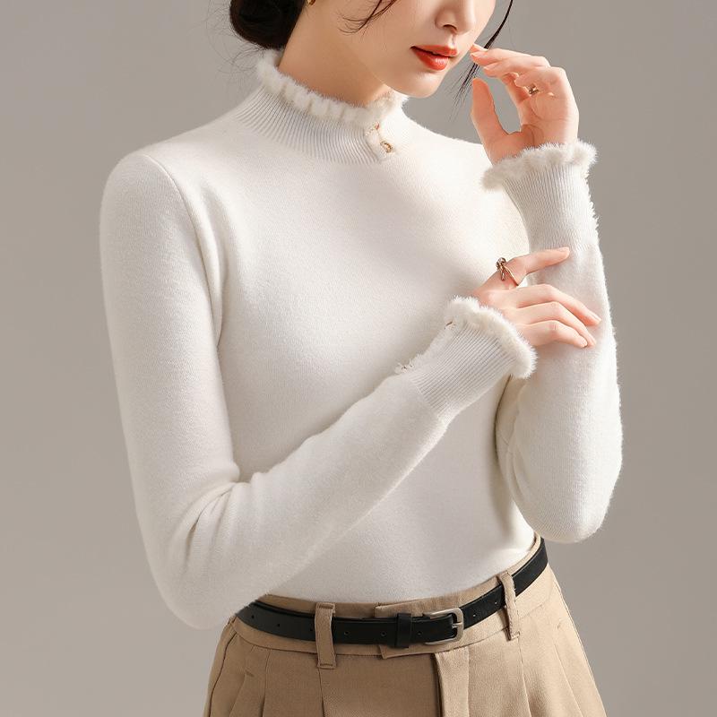 

Black Sweater for Women In Autumn and Winter Plus Velvet Thickened Half Turtleneck Base Shirt New Integrated Velvet Warm Soft Glutinous Sweater 3XL білий