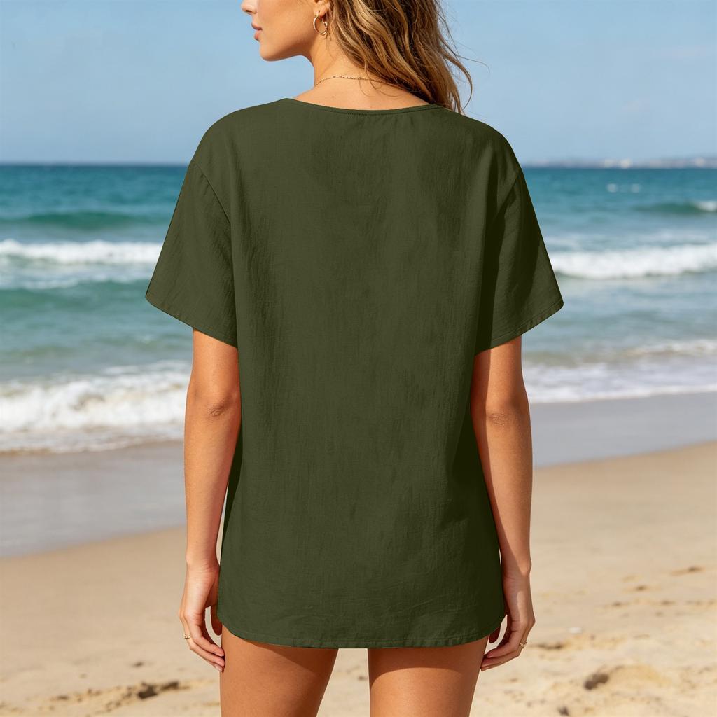 Women Henley Neck Button Down Short Sleeve Shirt Casual Linen Cotton Top with Chest Pocket for Daily Wear