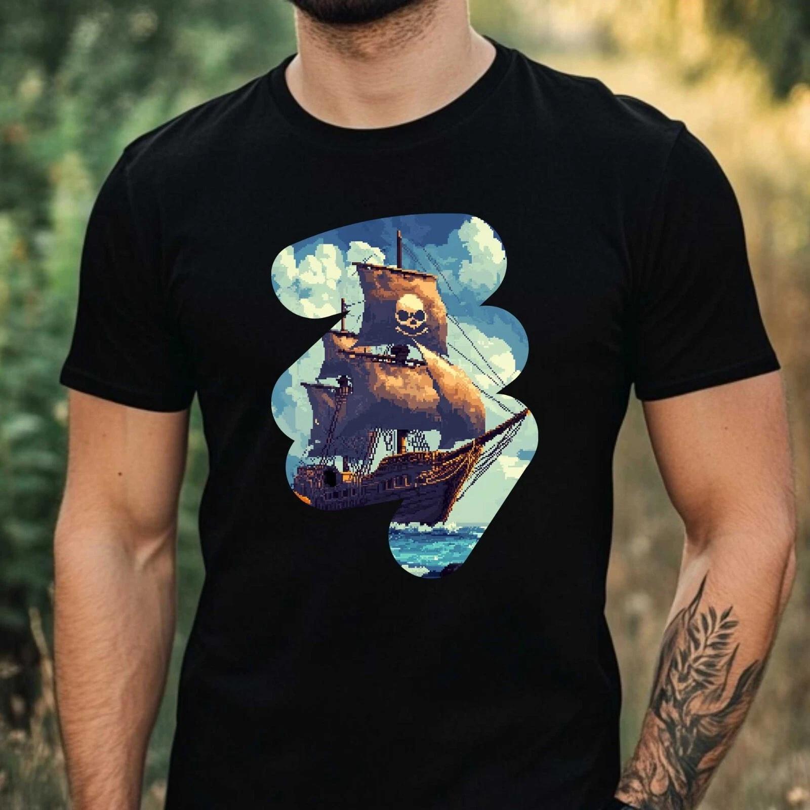 T-Shirt Herren Piratenschiff Pixel Art Motiv Baumwolle Größe XS bis 5XL XL