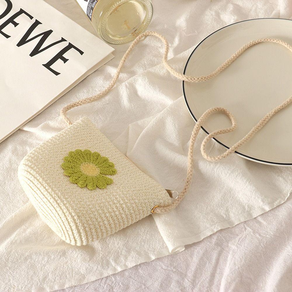 Children's Straw Beach Bag Cute Heart Pattern Shoulder Bag Straw Crossbody Bag Handbag Baby Coin Purse