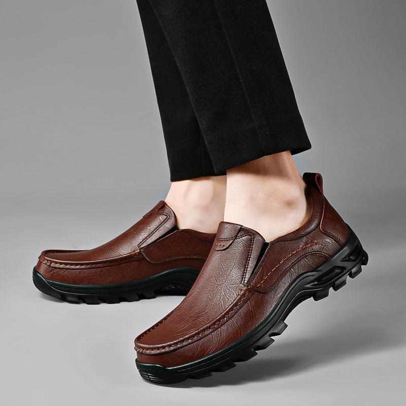 Men's Large Size Leather Loafers - Outdoor, Casual, Slip-On, Spring Low-Top Dad Shoes