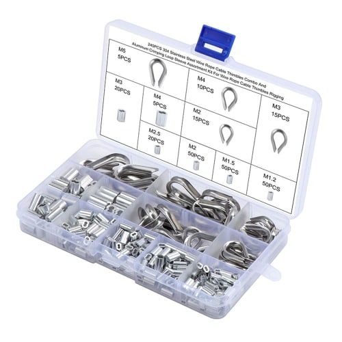 240-Piece Wire Rope Sleeve Clips, Wire Rope Thimbles, 1.2mm/1.5mm/2mm/2.5mm/3mm/4mm/5mm Crimp Sleeves for Crimping Machines