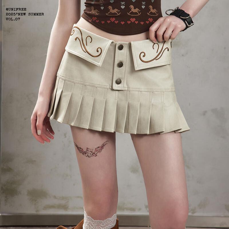 UNIFREE American Retro Embroidered Low-Waist Pleated Skirt S