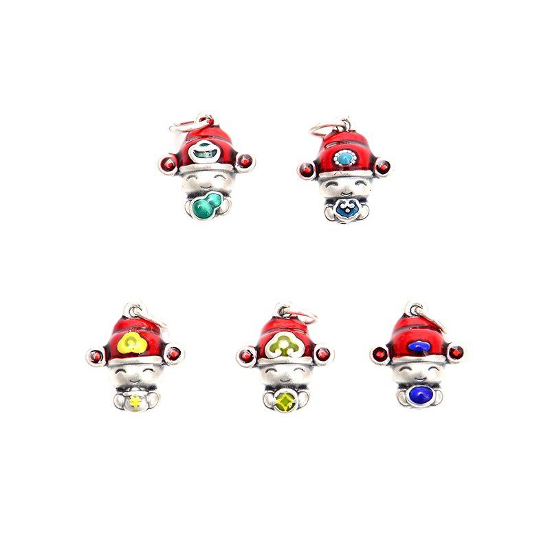 S999 Sterling Silver Five Blessings Pendant with 3D Epoxy and Braided Rope for DIY Jewelry