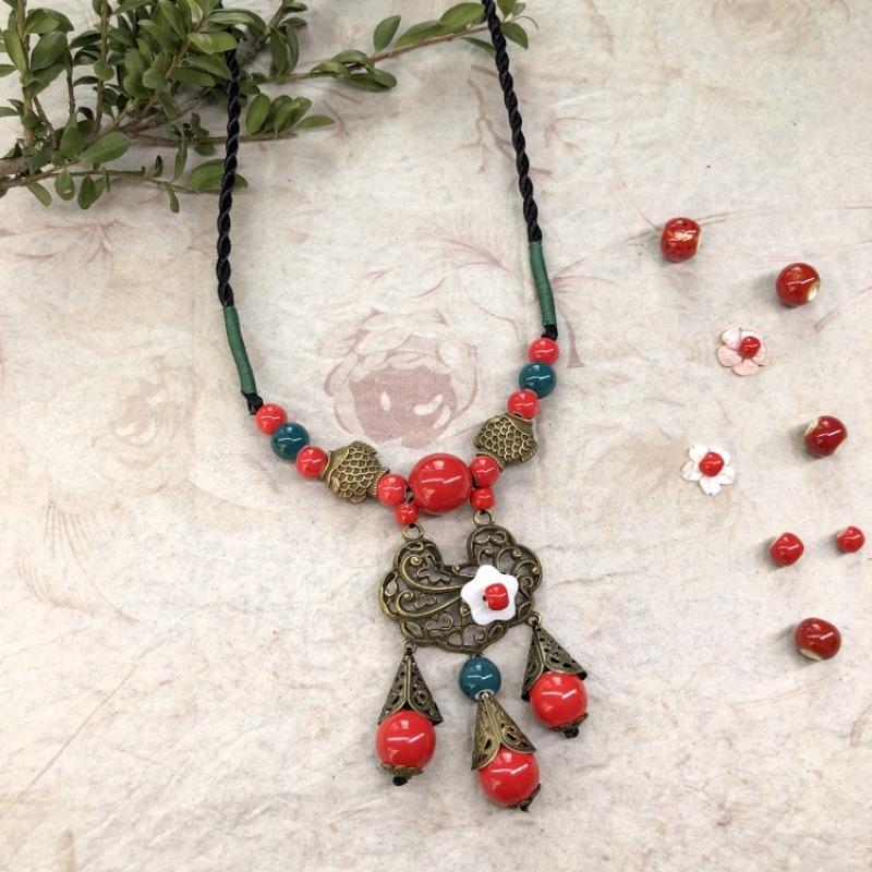 New Forest handmade ceramic necklace, women's retro versatile sweater chain simple long accessories pendant