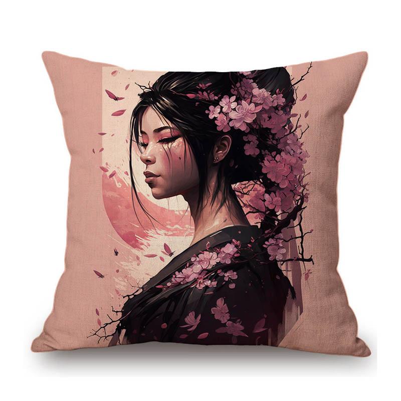 Pretty Japanese Girl Geisha Sakura Lovely Beautiful Woman Asian Culture Art Decorative Sofa Pillow Case Linen Cushion Cover
