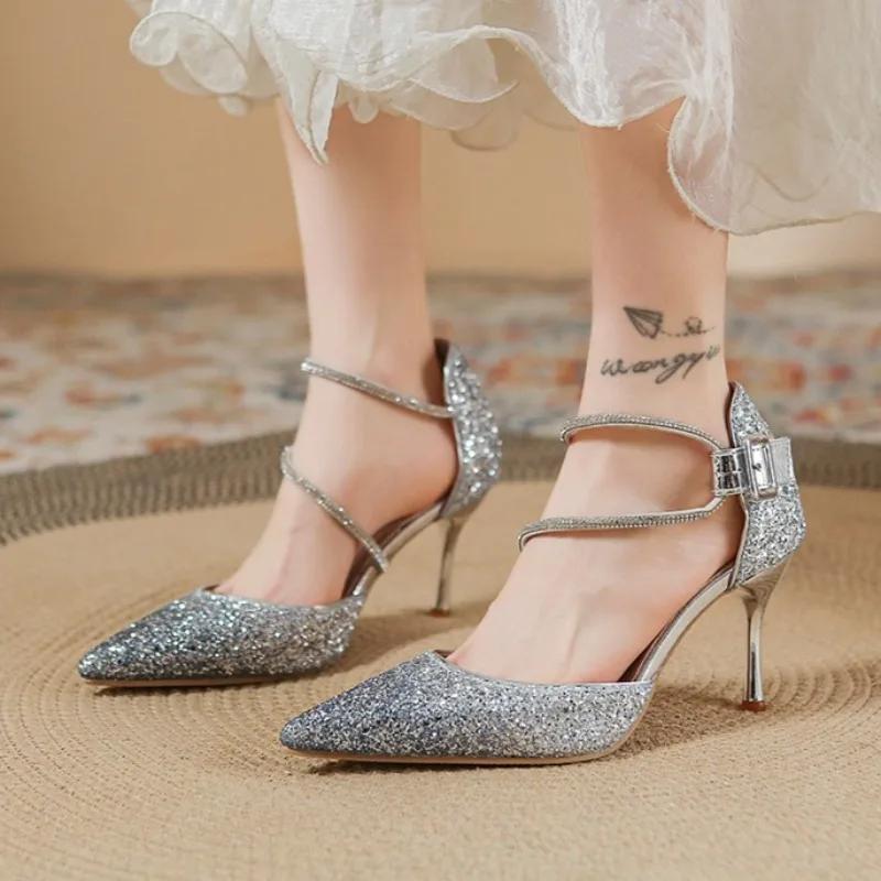 Fashion Women's Summer New Pointed Toe Shallow Mouth Sequin Crystal Wedding Shoes Versatile Stiletto Shoes High Heels