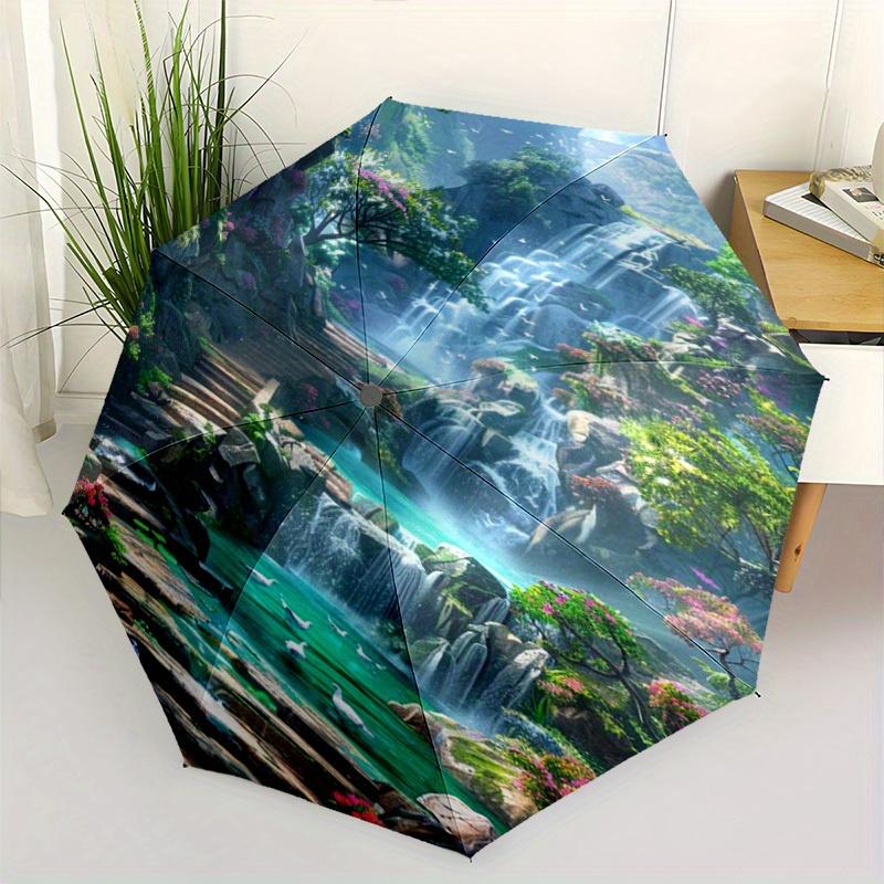 

New Natural Waterfall Pattern Umbrella, 1pc Automatic Folding Portable Travel Umbrella, Unisex Outdoor Umbrella for Halloween Iron&8K