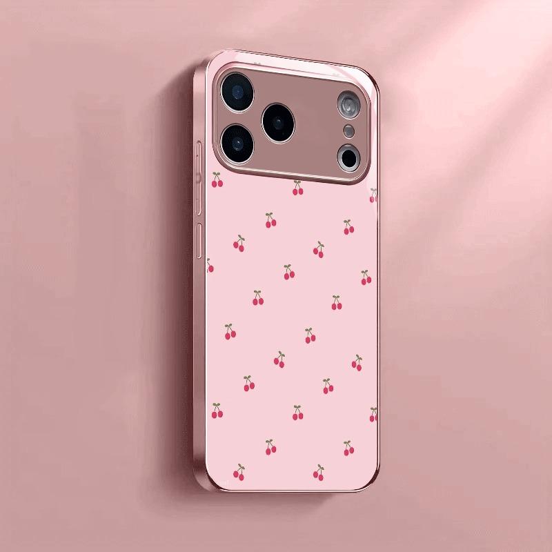 Cute Cherry Pattern Pink Metallic Tempered Glass Phone Case For iPhone 11 12 13 14 15 16 17 Pro Max 15 14 Plus 17 Air 16E Cover