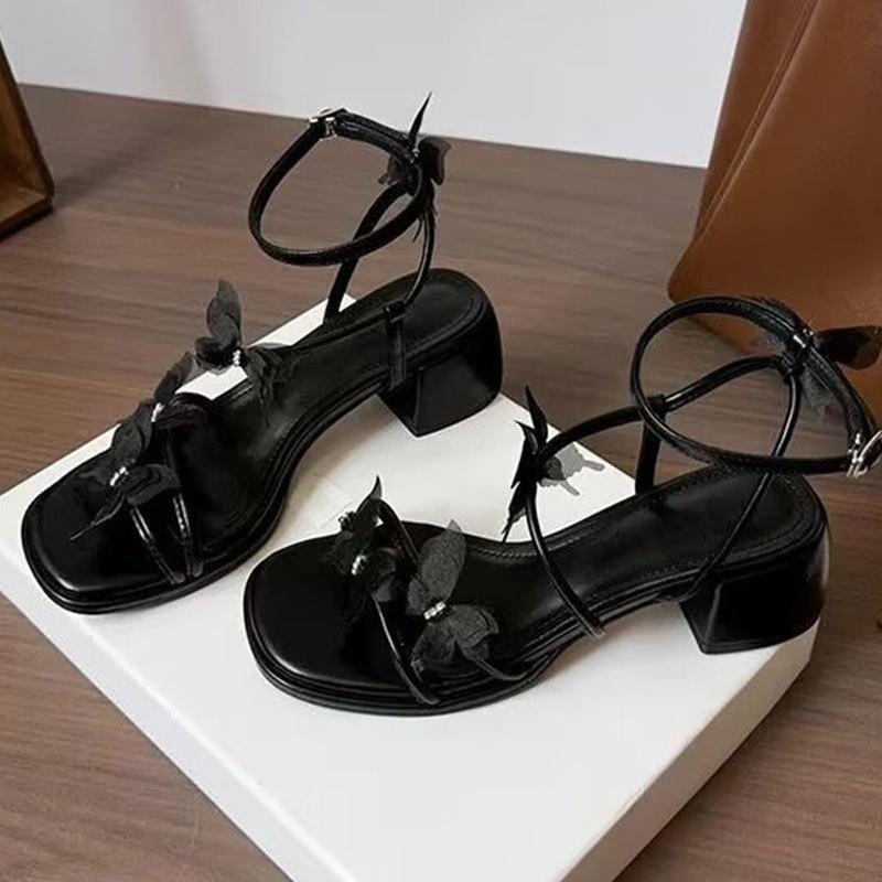 

Soft leather~ fairy style French thick heel 2025 summer new high heels with butterfly flower open-toed sandals women 40 чёрный