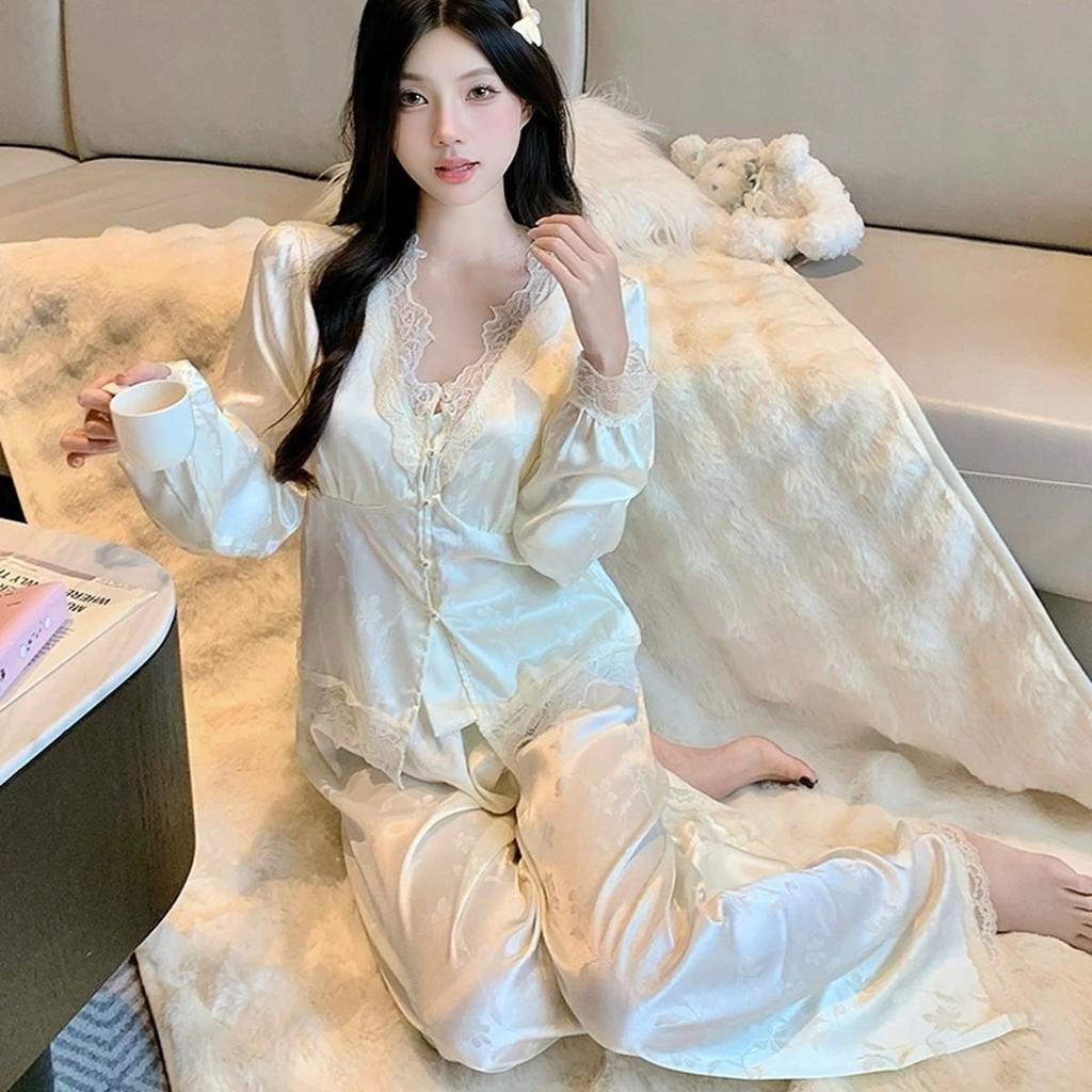 2025 Women's Ice Silk Butterfly Pajamas: Long Sleeve, Chest Pad, Spring/Autumn