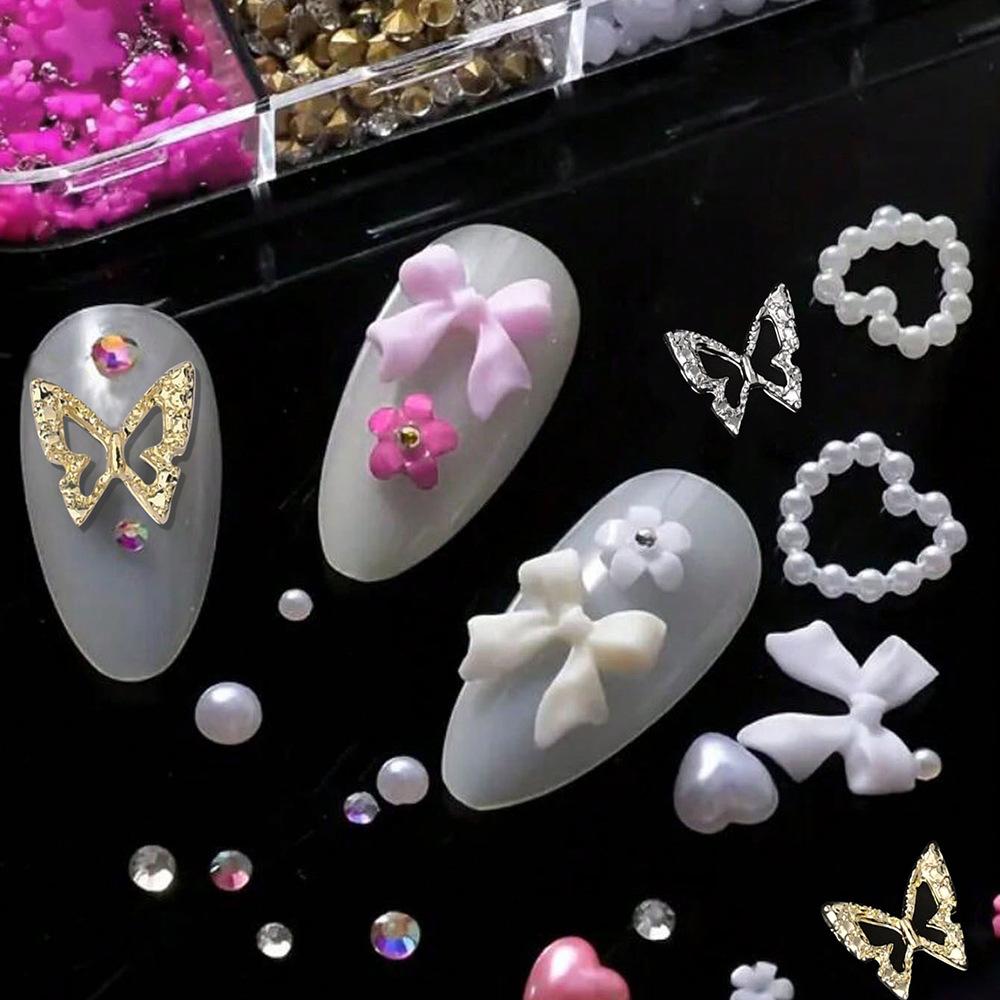 12 Grids 3D Nail Charms Nail Bow, Heart Charms, And 3D Flower Nails Y2K Nail Decoration Women Nail Manicure Supplies