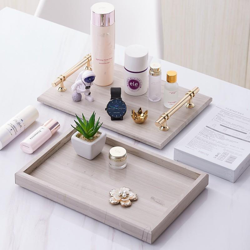 Natural Wood Grain Marble Tray Jewelry Cosmetics Display Rectangular Stone Organizer With Metal Handle