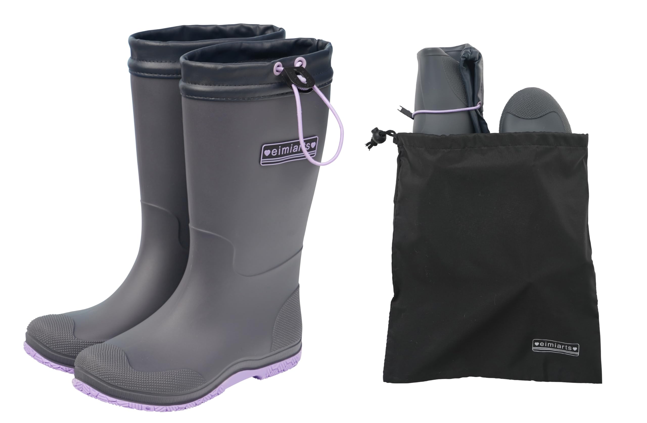 [Arisana] Foldable Rain Boots for Girls, Black/Lavender, 20cm