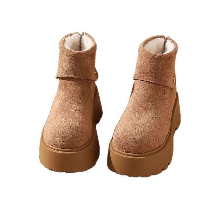 Thick-soled Heightening Snow Boots Women's 2025 New Winter Plush Warm Fluffy Short Boots Fashionable Ugly and Cute Big-headed Cotton Shoes