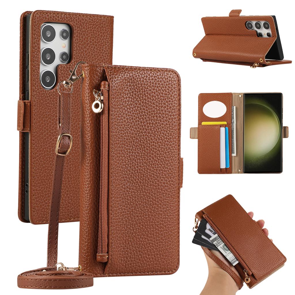 For Samsung Galaxy S23 Ultra Wallet Phone Case Shockproof TPU+PU Leather Flip Cover with Mirror,Strap