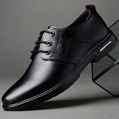 Cowhide  Spring Men's Leather Shoes Lace-up Business Formal Men's Shoes Pointed Toe Plus Cotton Casual Shoes