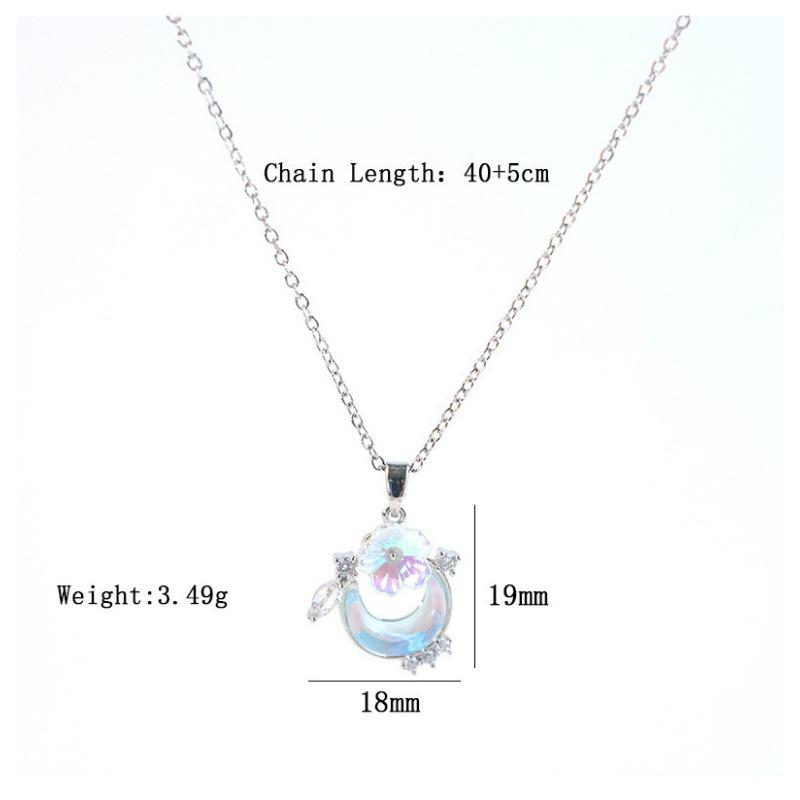 Blue Ocean Moonstone Moon Flower Titanium Steel Zircon Clavicle Necklace For Women