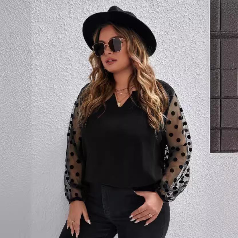 Plus Size Women's Mesh Patchwork Long Sleeve Solid Color Shirt