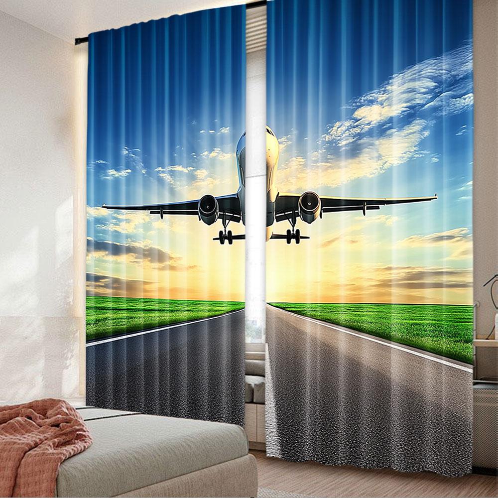 

Plane Curtain Airplane Landing Takeoff Airport Runway Rosy Clouds Sky Scene Living Room Bedroom Curtains Set Of 2 Made Polyester Great Decor W100*H70(CM)-Hooks&1PCS