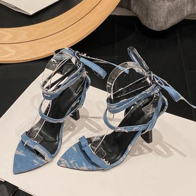 Liyke New Fashion Pinch Narrow Band Women's Denim Sandals  Summer Pointed Open Toe Ankle Cross Tied High Heels Ladies Shoes