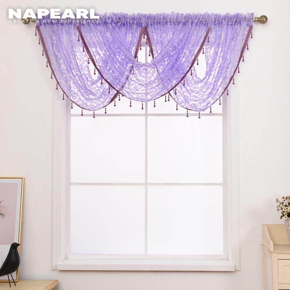1PC NAPEARL Modern Beaded Jacquard Flower Tulle Curtain Valance for Window Decor
