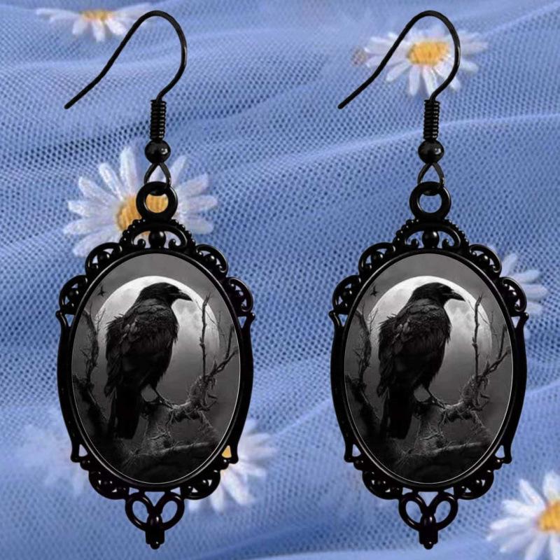 Gothic Crow on Skull Cross Earrings - Halloween Gift