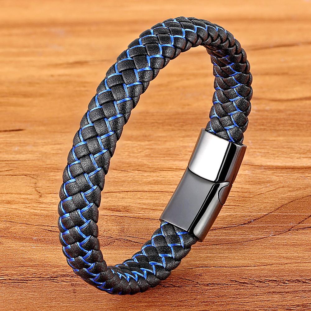 Men Jewelry Punk Black Blue Braided Leather Bracelet for Men Stainless Steel Magnetic Clasp Fashion Bangles Gifts 6 Colors