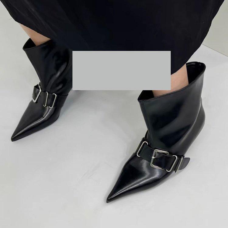 

Women Ankle Boots Designer Leather Goth Shoes Luxury Pointed Toe High Heels 2026 Trend Wedges Punk Autumn Boots Snow Botas Mujer 35 чёрный