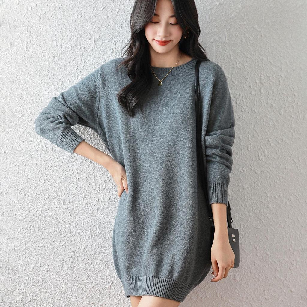 Women's Mid-Length Knitted Cotton Sweater Dress - Solid Color, Round Neck, Thick, Hip-Wrapping, Loose Fit