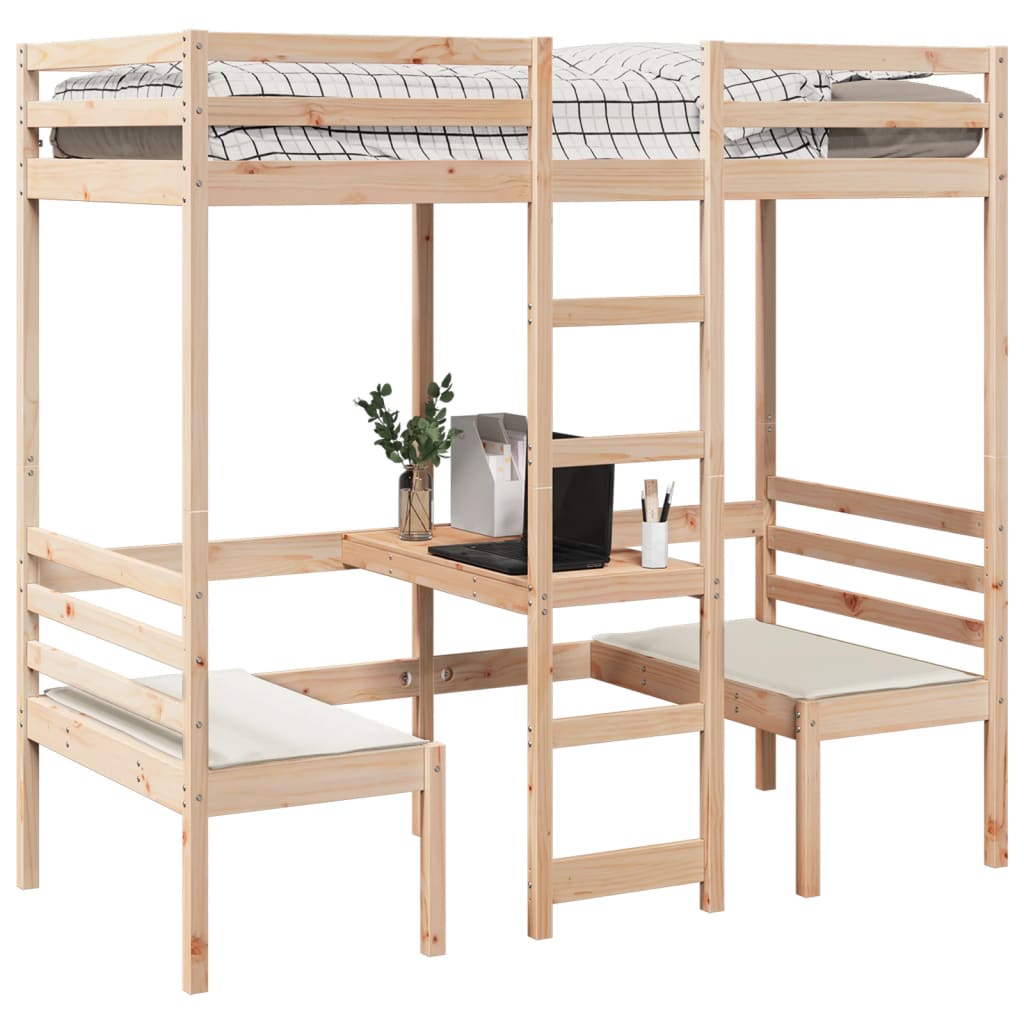 High Bed with Desk & Chairs 90x200 Cm Solid Pine Wood