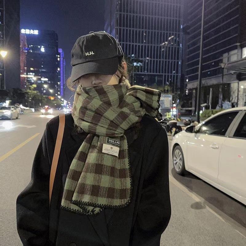 Couple Neck Warmer Korean-Style Double-Sided Large & Small Plaid Scarf Student Versatile Fleece-Like Cashmere Warm Shawl