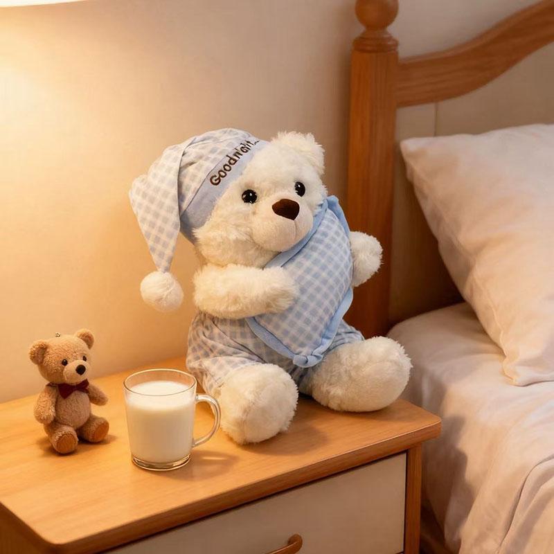 Orsacchiotto di Peluche Carino Buonanotte Orso Bianco Soffice Animale di Peluche Con Cuscino Pigiama E Berretto da Notte Bambola Orsacchiotto Kawaii