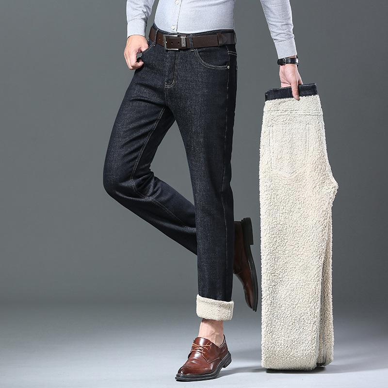 Winter Warm Fleece Jeans Men's Thick Thermal Casual Straight Denim Pants Business Work Stretch Trousers