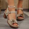 New flower high-heeled sandals thick heel one-word buckle women's sandals