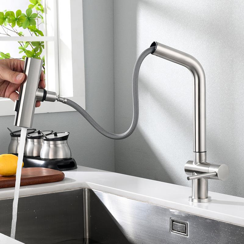 304 Stainless Steel Kitchen Sink Pull Out Sprayer Faucet Grey/Black Waterfall Hot Cold Single Hole Mixer Wash Tap For Kitchen