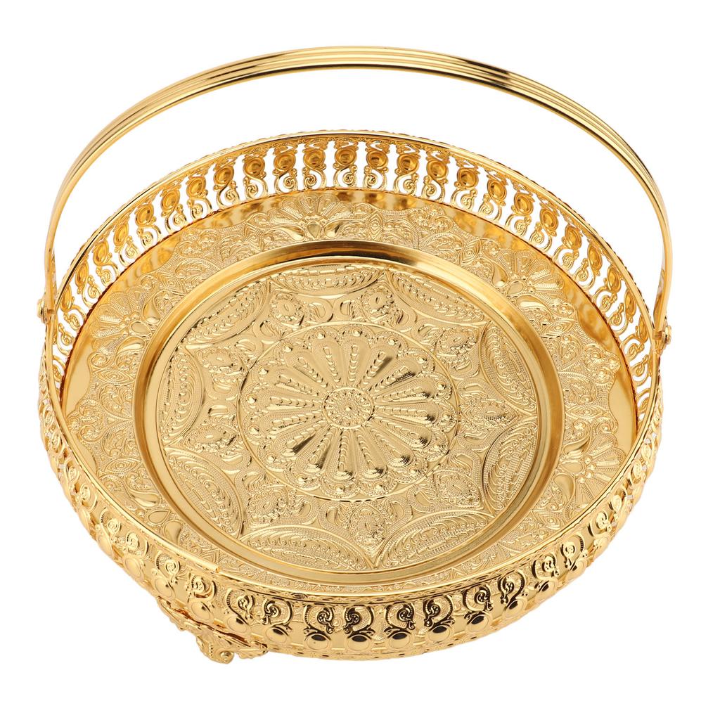 Retro Round Fruit Tray Exquisite Decorative Large Capacity Alloy Dessert Plate with Handle for