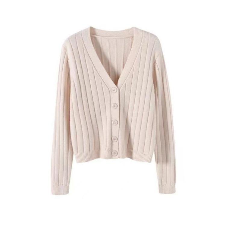 Damen V-Ausschnitt Strickjacke Jacke Locker Langarm Herbst Vielseitig Kurz Outfit Oberteil Pullover