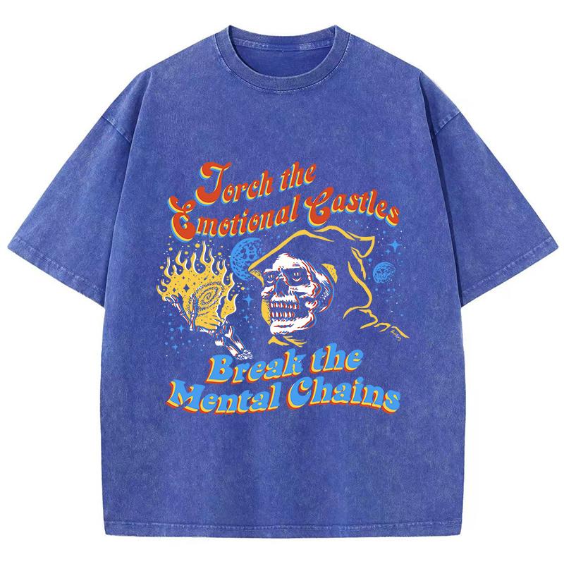 Street Women Washed T-Shirts Skeleton Witch Vintage Printed Tee Shirts Comfortable Cotton Oversize Tees Summer Clothes