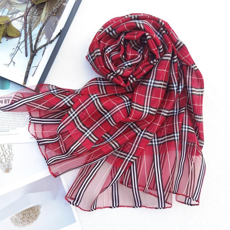 New Checkered Silk Scarf for Women, Solid Color Sunscreen Shawl Gold Thread Mulberry Silk Scarf for Women