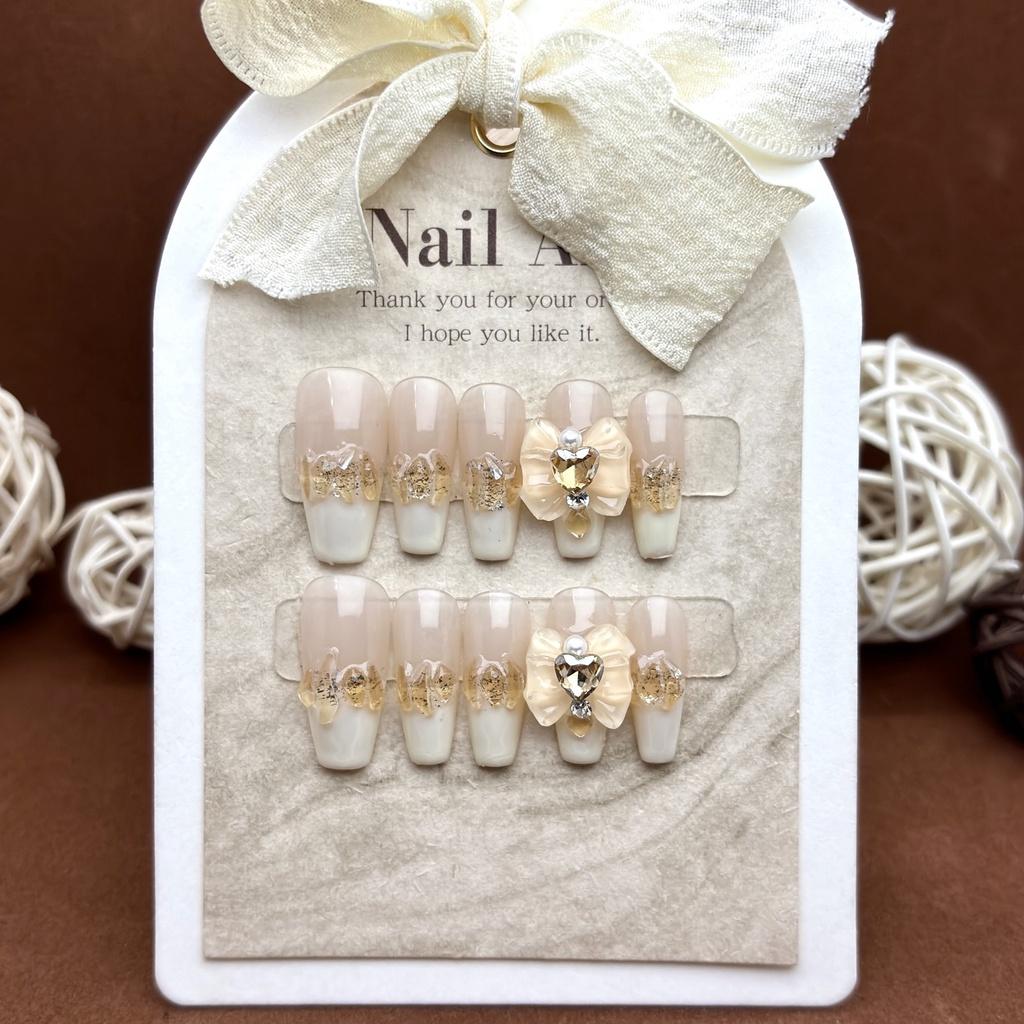 

Artificial French Nail Bow Heart Sweet Mid Length Style Manicure Nails Wearable XS