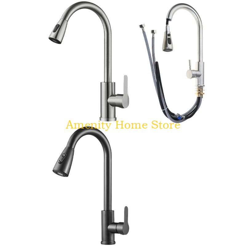 F26C Metal Pull Out Tap Precise Hot/Cold Water Mixing at House Practical Stretchable Sink Tap Prevents Splashing Water Faucet