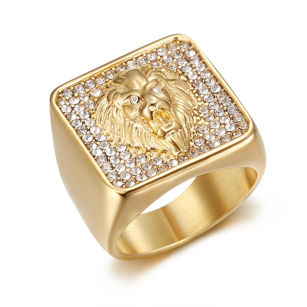 Ring new hip-hop jewelry gold-plated full diamond square domineering lion head men's ring