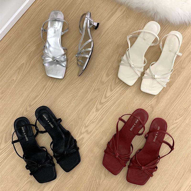 Retro temperament versatile square head crossed open-toed sandals women's summer wear high heels with skirt stiletto Roman shoes