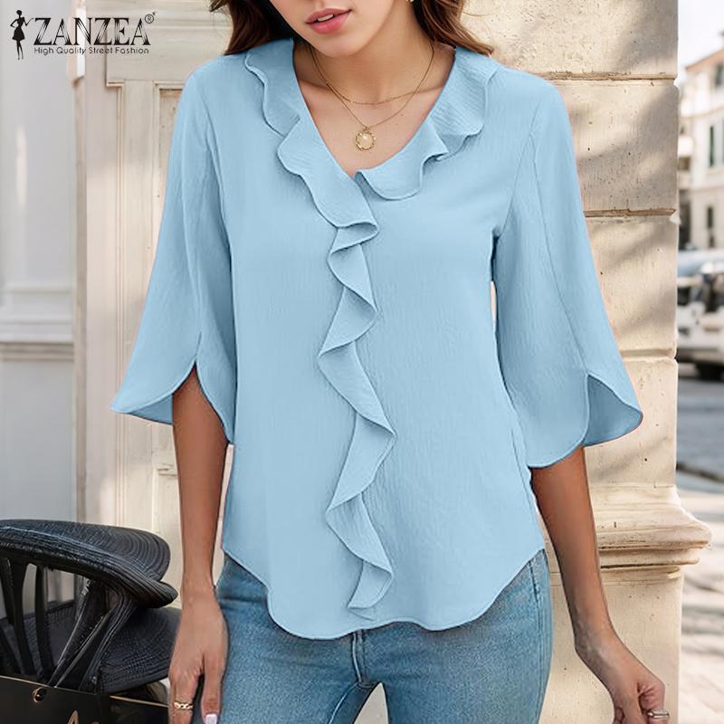 ZANZEA Womens Summer V-Neck 3/4 Sleeve Loose Ruffles Blouse
