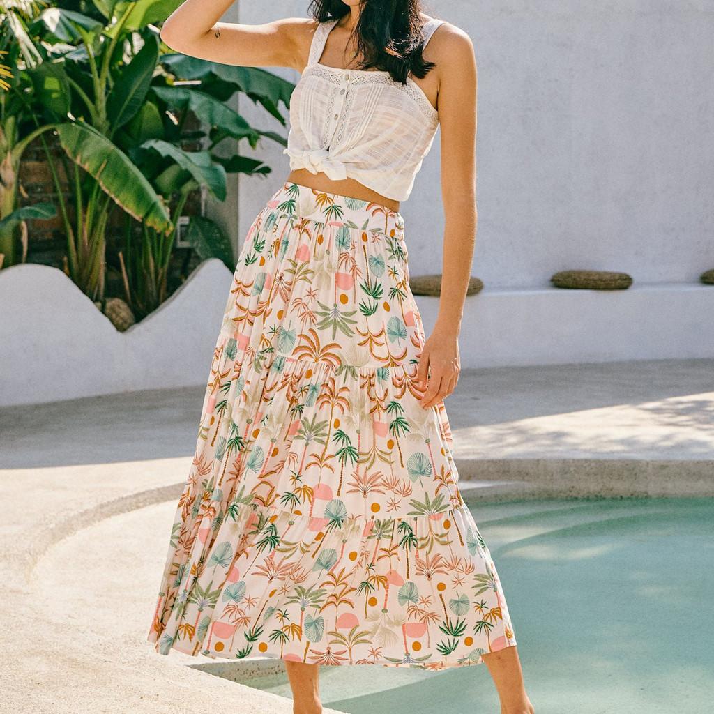 

Qooth Bohemian Women A Line Print Flower Skirt Wide Hem Maxi Length Elastic Waist Casual Skirt QT2714 XL
