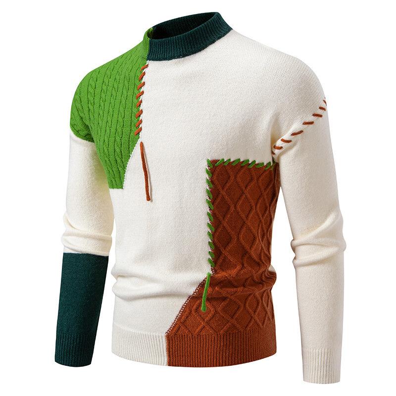 Fashion Men's Clothing Contrasting Color Patch Sweater Knitted Sweater Semi-turtleneck Breathable Sweater