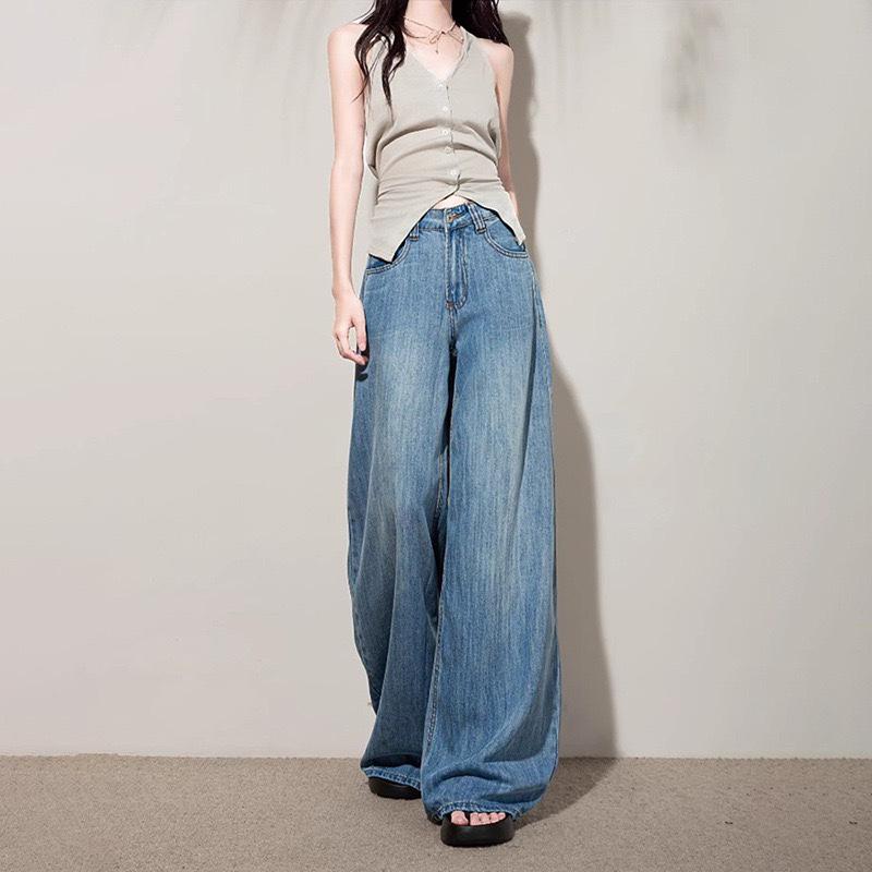 Blue High Waist Lysel Tencel Wide Leg Jeans Women's New Style Slimming Loose Fit Straight Cut Denim Pants